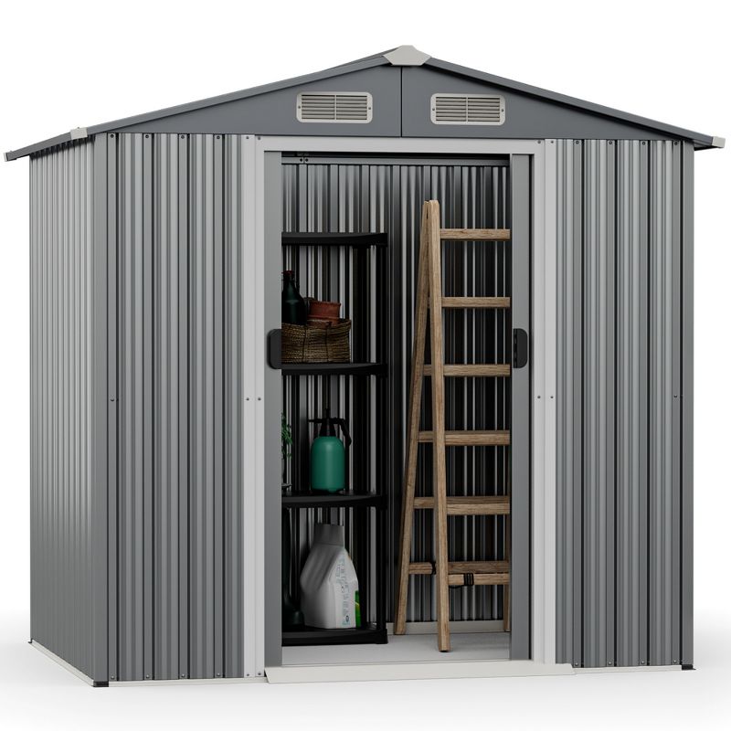 Costway 6 x 4 FT Outdoor Storage Shed Galvanized Steel Shed with Sliding Doors Wood Grain Natural/Grey, 1 of 11
