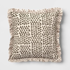 Square Block Print Reversible Pillow with Ruffle Trim Green - Threshold™ - 1 of 4
