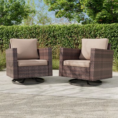 Sonkuki 2-Piece Patio Chair Set Brown Rattan Swivel Rocking Chair Set, Outdoor Furniture PE Wicker Set