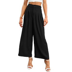 Women High Waisted Wide Leg Palazzo Pants, Flowy Pants Loose Fit Elastic Waist Pleated Trousers Comfy Elegant Business Casual Straight Leg Dress Pants - 1 of 4