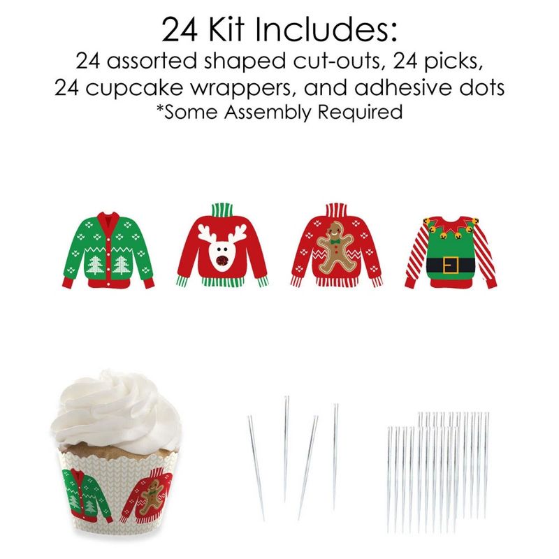 Big Dot of Happiness Ugly Sweater - Cupcake Decoration - Holiday and Christmas Party Cupcake Wrappers and Treat Picks Kit - Set of 24, 5 of 9