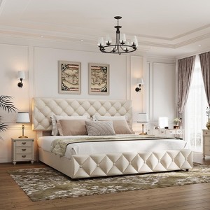 Platform Bed Frame with 4 Drawers, Linen Upholstered Bed Frame with Adjustable Diamond Button Tufted Headboard, Noise Free - 1 of 4