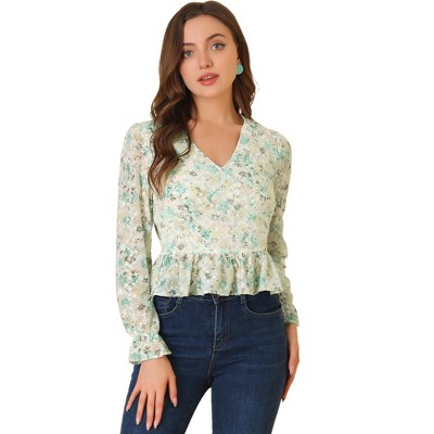 INSPIRE CHIC Women's V Neck Ditsy Floral Ruffle Long Sleeve Peplum Top Shirts