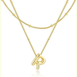 Bubble Letter Necklace for Women, 14K Gold Plated Initial Pendant A-Z Gold-R - 1 of 4
