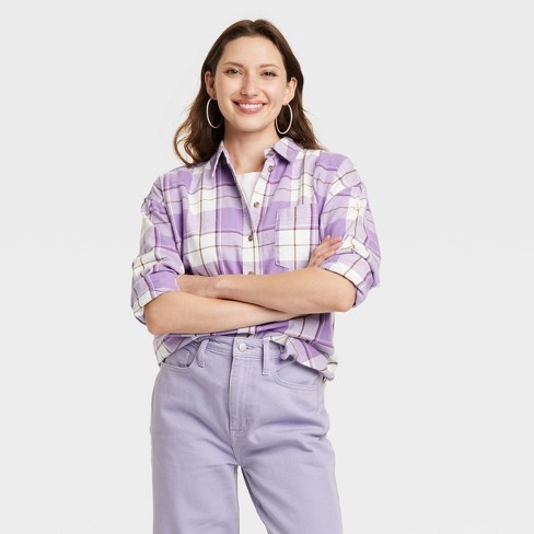 Women's Long Sleeve Flannel Button-Down Shirt - Universal Thread™ Purple  Plaid XL