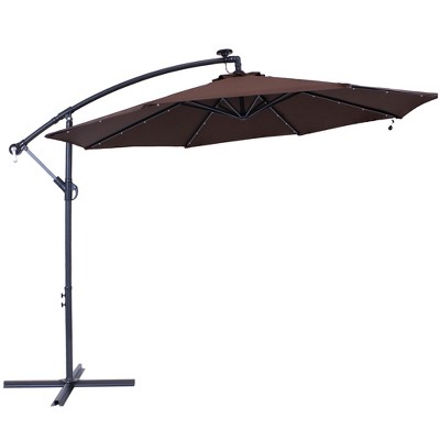 Sunnydaze Outdoor Steel Offset Solar Patio Umbrella with LED Lights, Cantilever, Crank, and Base - 10' - Brown