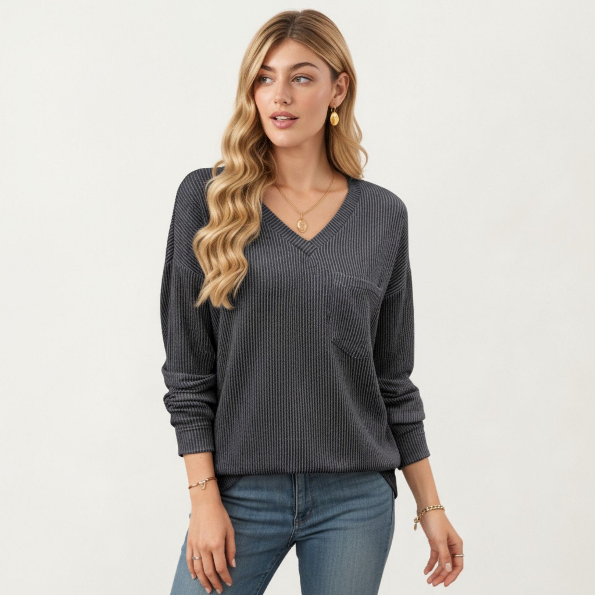 Anna-Kaci Women's V-Neck Long Sleeve Knit Top with Chest Pocket and Relaxed Fit - Dark Gray,Medium