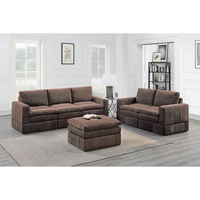 Okak Modern Convertible Sectional Sofa Couch with 4 Armchair/Wedge, 1 Armless Chairs /Ottomans 6 pc Fabric Plush Modular Sofa for Living Room, Brown