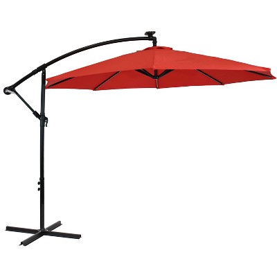 Sunnydaze Outdoor Steel Cantilever Offset Patio Umbrella with Solar LED Lights, Air Vent, Crank, and Base - 9' - Cherry