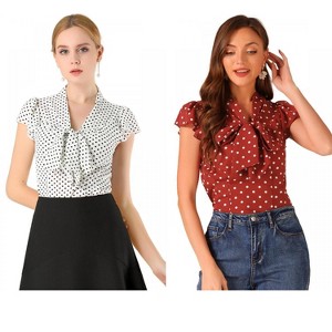 INSPIRE CHIC Women's Polka Dots Tie V Neck Flutter Cap Sleeve Blouse 2 Packs - 1 of 4