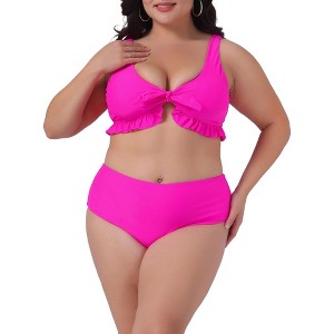 Agnes Orinda Women's Plus Size Ruffle Tie High Waisted Tummy Tummy Control Two Piece Swimwear - 1 of 4