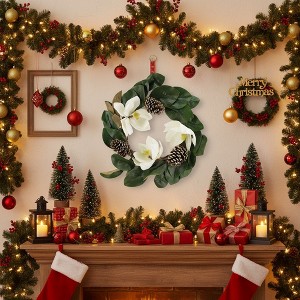 22" Christmas Wreath Creamy White Magnolia Elegant Holiday Door Decor, Indoor Outdoor Pinecone Floral Arrangement Wall Hanging FBA shipment - 1 of 4