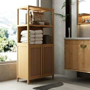 Resenkos Bamboo Storage Cabinet, Freestanding Bathroom Cabinet with 2  Doors, Floor Cabinet Organizer Brown - 1 of 4