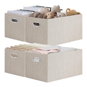 Aoibox Linen Fabric Closet Shelf Storage Bins Beige Foldable Organizers Box with Metal Handles 4 Pack 15x10.5x8.25 Inch - 1 of 4