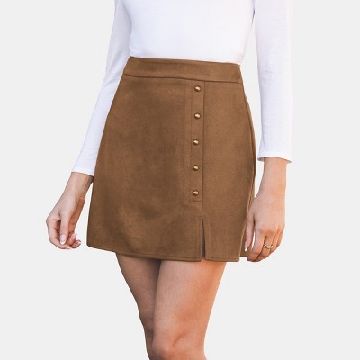 Women's Camel Faux Suede Studded Split Hem Mini Skirt - Cupshe