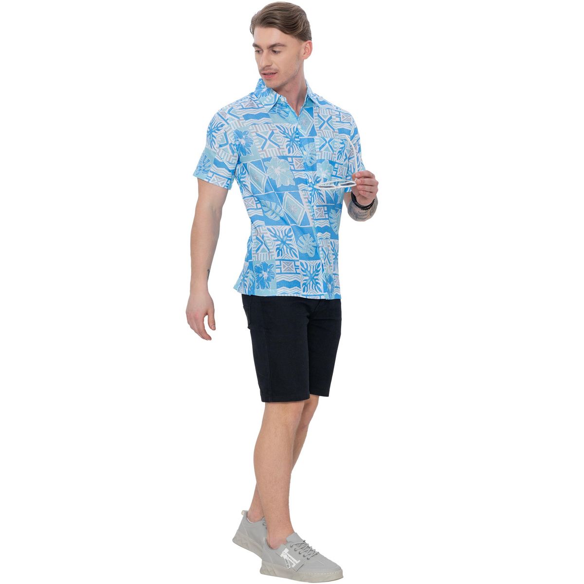 HAPPY BAY Mens Hawaiian Shirts Short Sleeve Button Down Shirt Mens Holiday Beach Shirts Casual Tropical Shirts for Men Funny XXL Abstract Leafs Blue - thumbnail 6