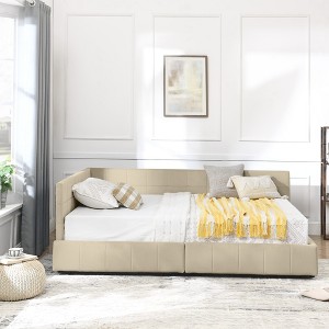 TiramisuBest Full Size Upholstered Tufted Bed Frame with Storage, Velvet Sofa Bed with Backrest & Armrests, Beige - 1 of 4