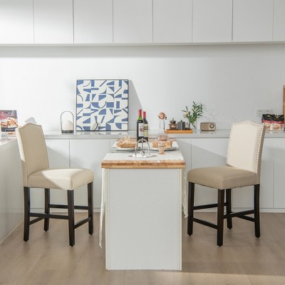 Set of 2 Beige Upholstered Nailhead Bar Stools with Wood Legs
