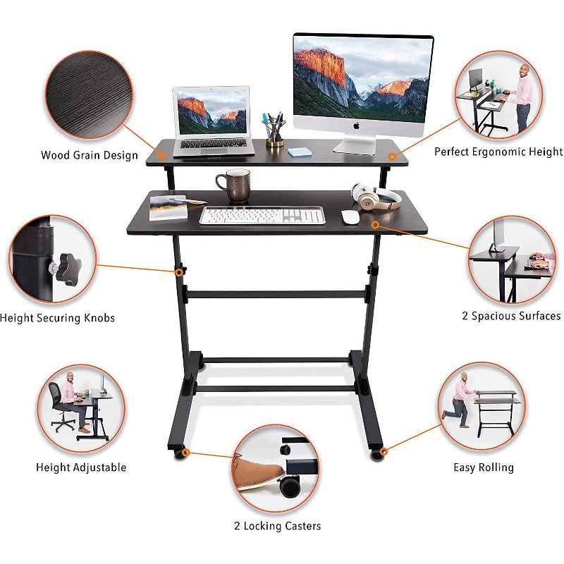 Tranzendesk Dual Level Standing Desk – 40" Mobile Height Adjustable Workstation – Black – Stand Steady, 5 of 13
