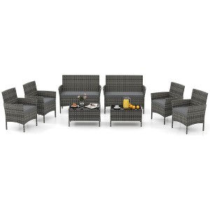 Tangkula Set of 8 Furniture Set w/ Washable Cushions & Tempered Glass Coffee Table Patio - 1 of 4
