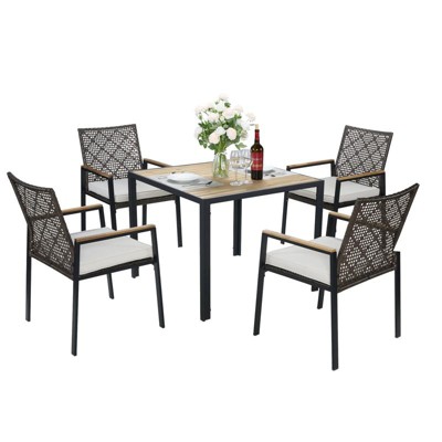 Aukfa 5-Piece All-Weather Woven Rope & Acacia Wood Square Patio Dining Set with Cushions