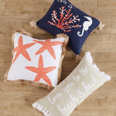 Bakio Coral and White Embroidered Starfish Pillow with Fringe Trim