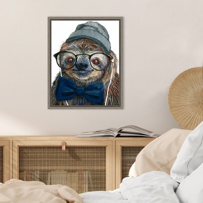 Framed Hipster Sloth Canvas Print with Gray Cap and Blue Bowtie