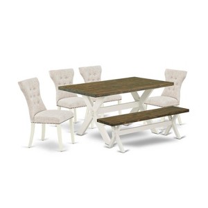 HomeStock 6-Pc Rectangle Distressed Jacobean Finish Solid Wood Top Dining Table with 1-Bench, 4-Chairs - 1 of 4
