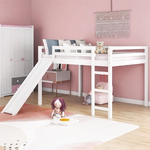 CAVINAS Twin/Full Size Wood Loft Bed with Slide & Ladder & Fence,Simple Bed Frame for Kids Room,Bedroom - 1 of 4