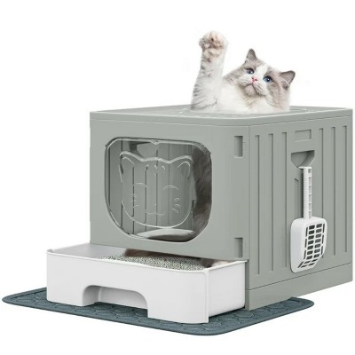 LunaLulinlk green Large enclosed cat litter box with mat and litter scoop, front entry top exit door