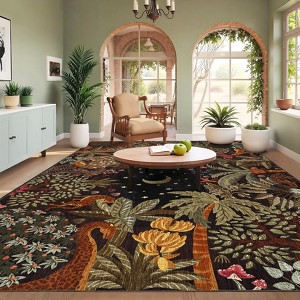 Washable Floral Jungle Rug Non Slip Low Pile Rug Soft Throw Floor Cover Foldable Indoor Carpet for Living Room Bedroom Playroom Office - 1 of 4