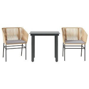 vidaXL 3 Piece Patio Dining Set - Poly Rattan Chairs & Tempered Glass Table - Outdoor Garden Furniture with Cushions - Brown & Black - 1 of 4