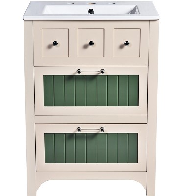 Vynxaria 24 Inch Bathroom Vanity with Ceramic Sink, Bathroom Vanity Cabinet with 2 Drawers, Wooden Bathroom Sink Cabinet