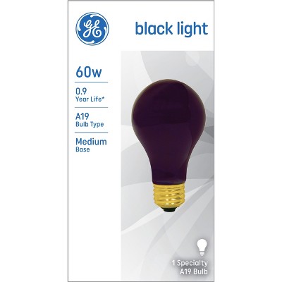 GE 60W A19 Incandescent Blacklight Bulb: Dimmable, Standard E26 Base, Suitable for Damp Locations, 0.9-Year Life