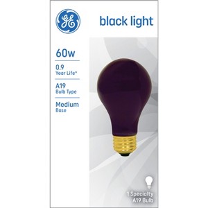 GE 60W A19 Incandescent Blacklight Bulb: Dimmable, Standard E26 Base, Suitable for Damp Locations, 0.9-Year Life - 1 of 3