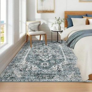 Vintage Medallion Throw Carpet Large Living Room Rug Washable Rug Stain Resistant Carpet with Non-Slip Backing Low Pile Folding Floor Cover - 1 of 4