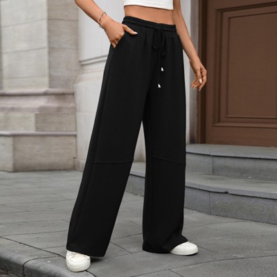 Womens Pants Elastic Waist Drawstring Wide Leg Pants Long Trousers with Pockets