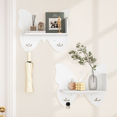 Butterfly Shaped 2 Tier Wall Shelves with Hooks, Small Floating Shelves, Cute Butterfly Wall Decor, Nursery Book Shelves for Bedroom, Living Room
