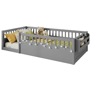Gulches Kids-Style Twin Floor Bed Frame with High Rails, LED Light, Storage Shelf, Gray - 1 of 4