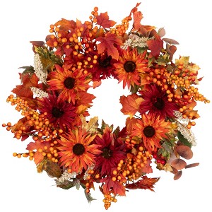 Northlight Mums and Berries with Fiery Foliage Fall Harvest Wreath - 24" - 1 of 4