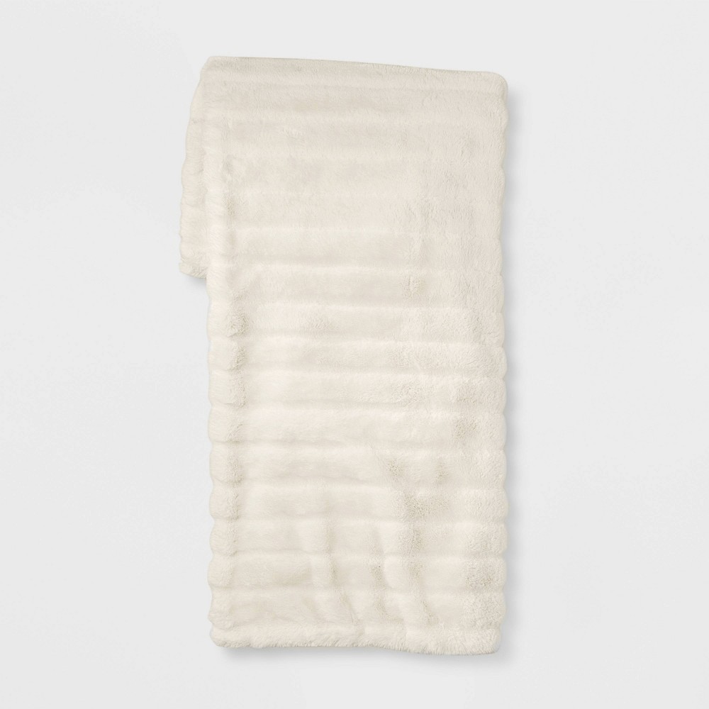 textured faux fur reversible throw blanket cream - threshold™: soft, cozy for couch & bed, modern style