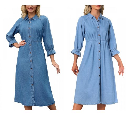 Женские платья INSPIRE CHIC Women's Denim Casual Ruffle Long Sleeve Button Down Midi Jean Shirt Dress Blue Small 2 Packs Blue/Light Blue XX-Large