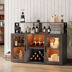 Bar Cabinet with LED Lights & USB Ports - Wine & Liquor Cabinet for Home, Rustic Farmhouse Style, Alcohol, Glass Holder,Grey - 1 of 4