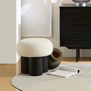 CAVINAS Mushroom Stool, Round Ottoman with Plush Lamb Wool Seat and Walnut Veneer Barrel Base, Ottoman Foot Rest, Bedroom End Bench, Footstool - 1 of 4