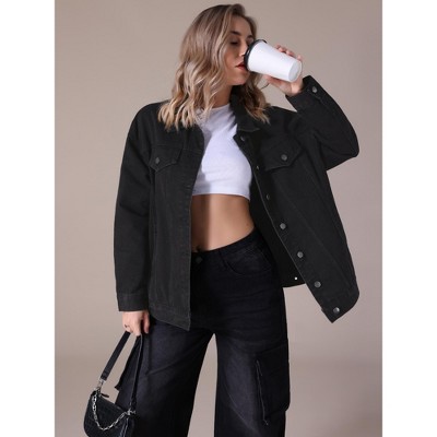 INSPIRE CHIC Women's Long Sleeve Turndown Collar Button Down Oversized Denim Jacket with Pockets Black Small — фото 3
