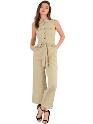 Allegra K Women's Button Down Collared Wide Leg Tie-Waist Sleeveless Cargo Jumpsuits