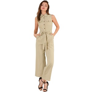 Allegra K Women's Button Down Collared Wide Leg Tie-Waist Sleeveless Cargo Jumpsuits - 1 of 4