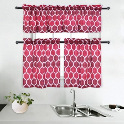 TROPOW 27"W x 51"L Red/Burgundy Kitchen Tier Curtains ¨C Geometric Print Window Valance for Cafe/Bathroom (Pack of 1)