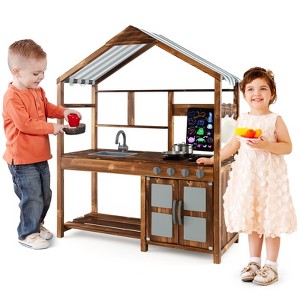 Infans Wooden Mud Kitchen w/ Chalkboard, Stoves, Removable Sink & Accessories Natural - 1 of 4