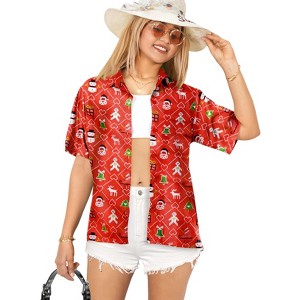 LA LEELA Women's Beach Funny Santa Claus Party Shirt Blouse Short Sleeve Tops Christmas Tree Hawaiian Gifts Shirts for Women - 1 of 4